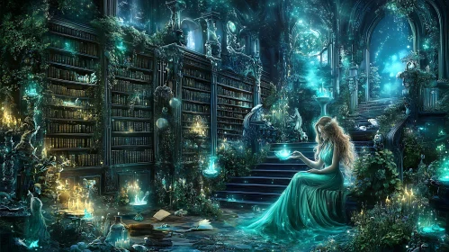 Mystical Library Scene with Teal and Gold Light