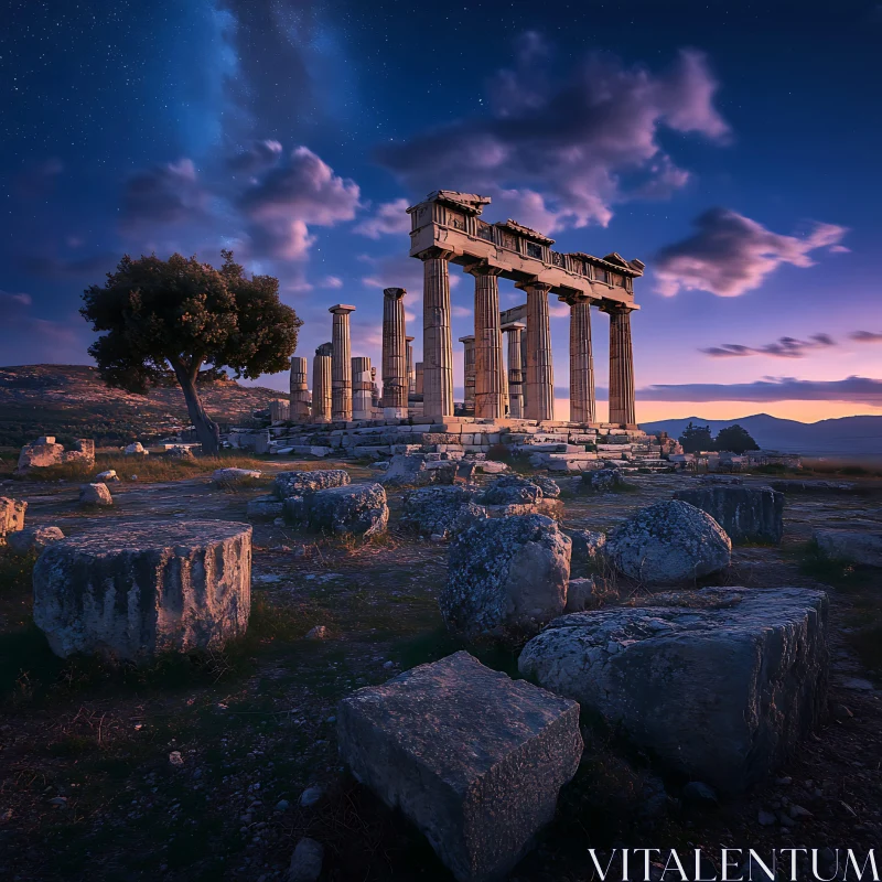 Ruins of Ancient Temple at Night AI Image