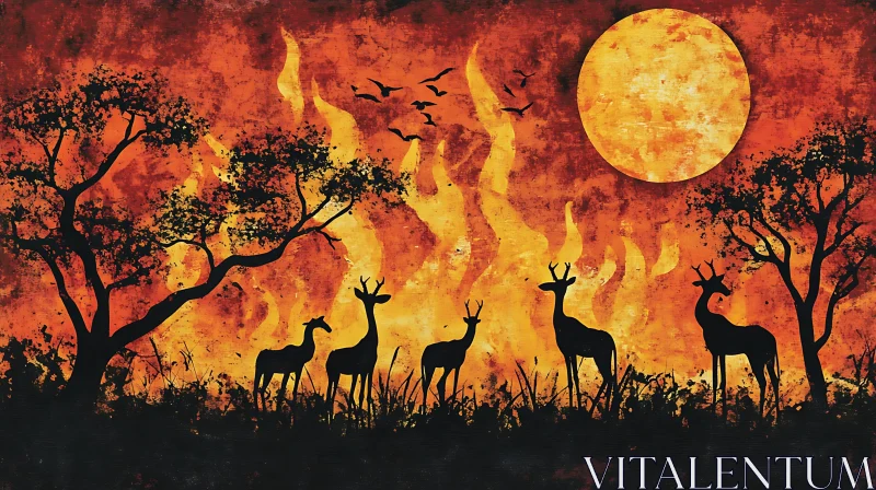 Deer Silhouettes Against a Fire and Sunset AI Image