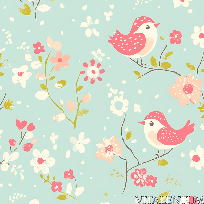 Pastel Birds and Flowers Illustration AI Image