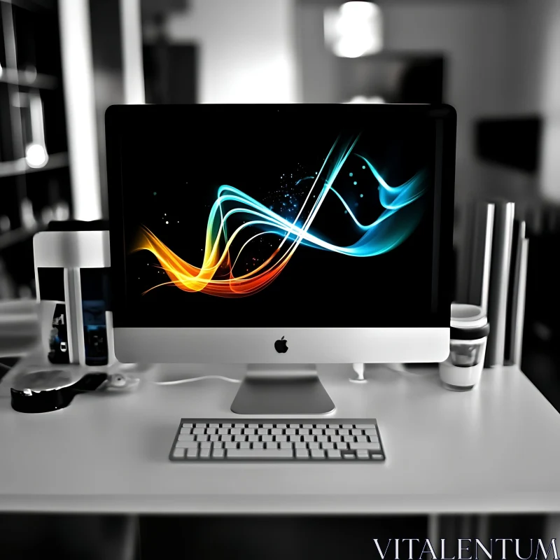 Minimalist Computer Desk with Swirling Abstract Art AI Image