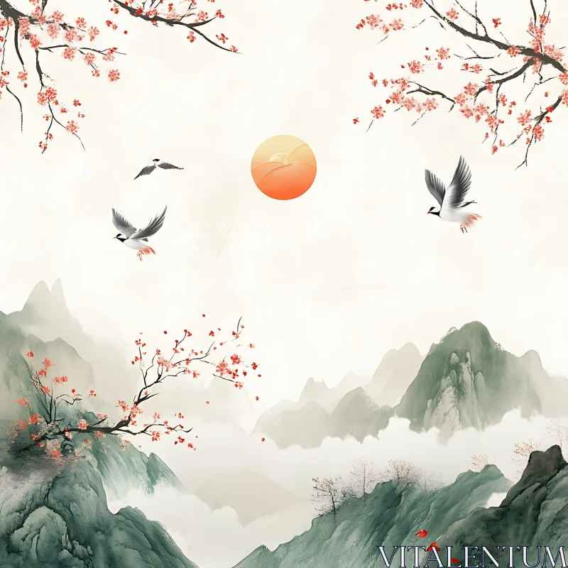 Tranquil Mountain Scene with Flying Birds AI Image