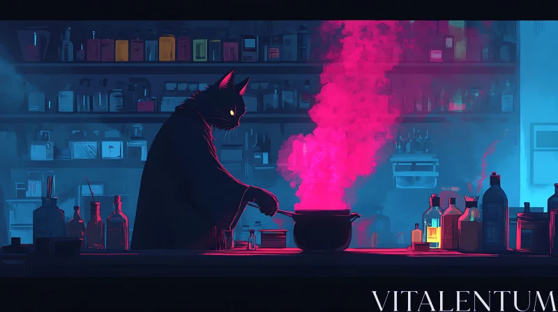 Feline Alchemist in a Neon Laboratory AI Image