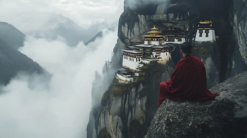 Monk Meditating at Cliffside Monastery