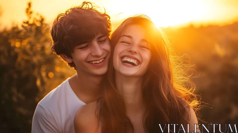 Golden Hour Bliss: Couple's Laughter in Sunset AI Image