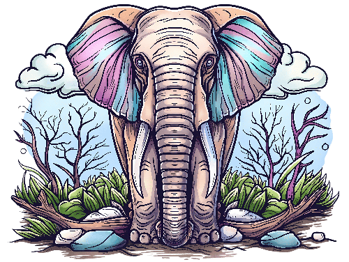 POD Design Cartoon Elephant with Multicolored Ears in a Peaceful Setting