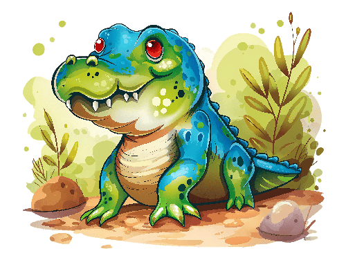 Cheerful Cartoon Alligator Amidst Green and Brown Plants