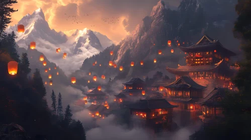 Lanterns Over Asian Village in Mountains