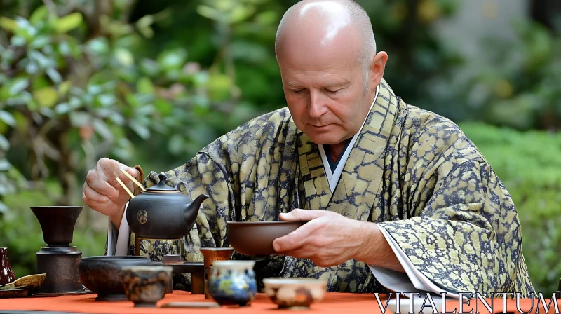 Man in Kimono Preparing Traditional Tea AI Image