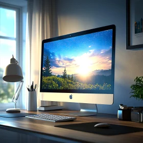 Stylish Office Desk with Computer Displaying Sunrise