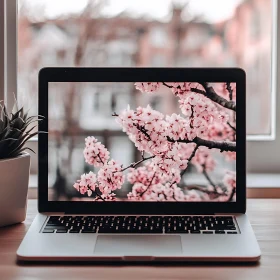 Cherry Blossoms Displayed on Laptop in Spring