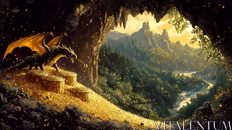 Golden Dragon in Mountain Cave AI Image