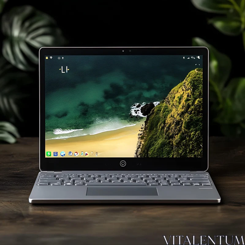 Sleek Laptop Featuring Scenic Beach Background AI Image