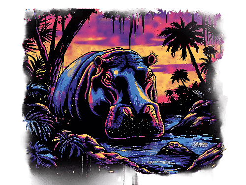 Exotic Hippopotamus Silhouette in Sunset Jungle Scene POD Design