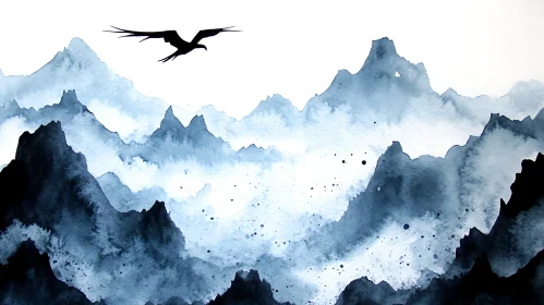 Watercolor Mountain Landscape with Bird Silhouette