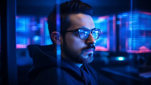 Futuristic Portrait: Man with Glasses Engrossed in Computer Monitor