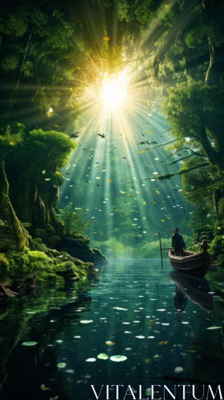 Man in a Boat in a Sunlit Forest - Serene and Romantic AI Image