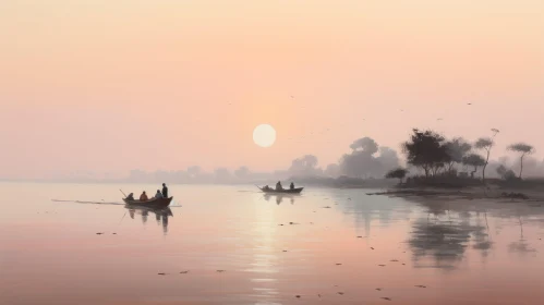 Serene Realistic Landscape: People Riding Boats in a Body of Water