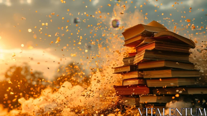 Stack of Books Against a Serene Sunset AI Image