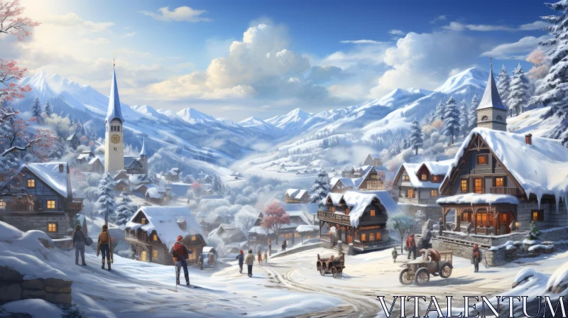 Winter-Themed Village Amidst Snowy Mountains Wallpaper AI Image
