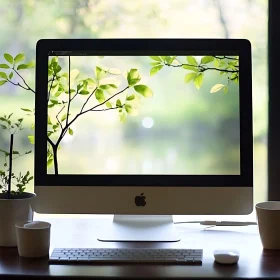 Green Workspace with Outdoor Foliage Display on Computer Monitor