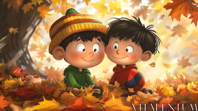 Cartoon Boys in Fall Foliage AI Image