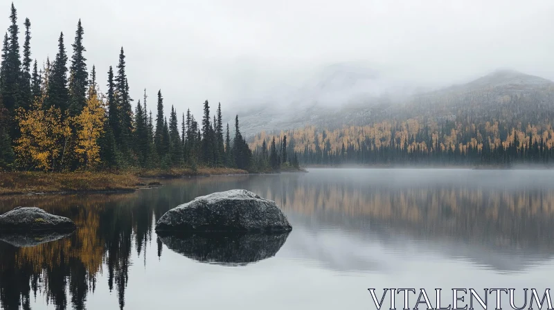 AI ART Tranquil Foggy Lake Scene in Autumn