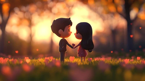 Romantic Cartoon Couple in Heart Field