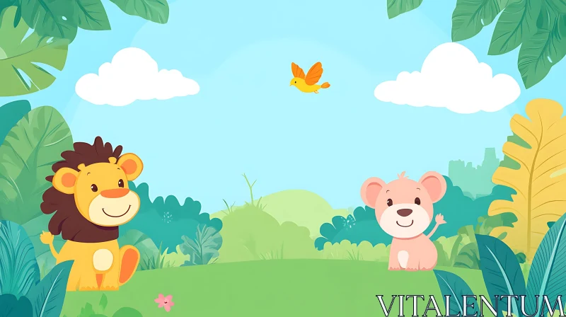 Cute Jungle Animals Cartoon Illustration AI Image