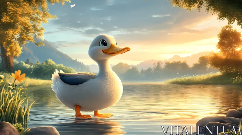 Peaceful Sunset Over a Lake with Duck AI Image