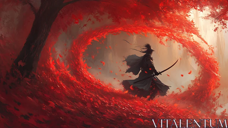 AI ART Red Leaves Vortex: Solitary Samurai Art