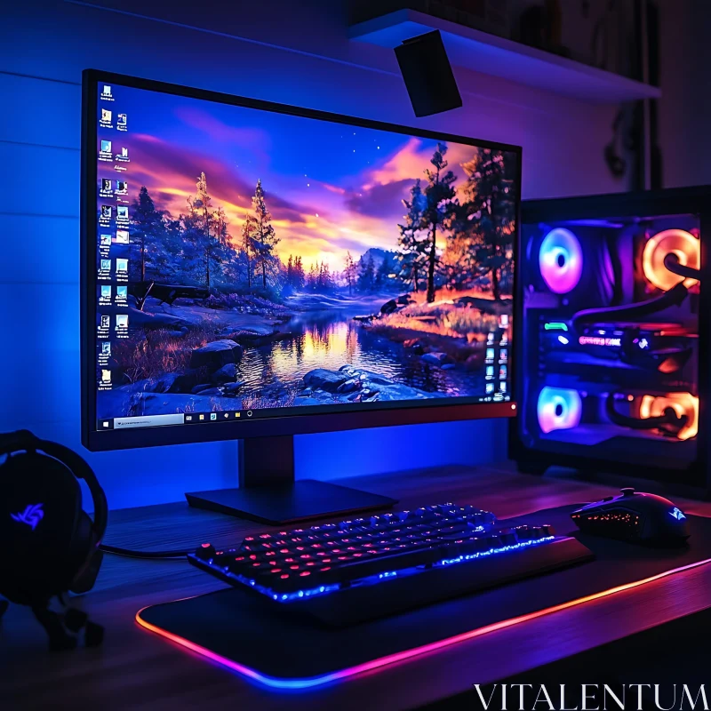 Immersive Gaming Desk with RGB and Scenic Display AI Image