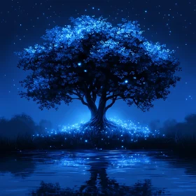 Mystical Glowing Tree by the Lake