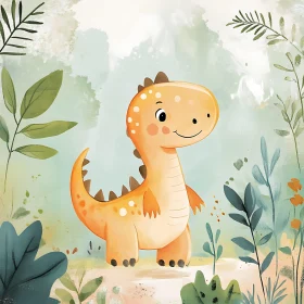 Charming Cartoon Dinosaur Surrounded by Forest Greenery