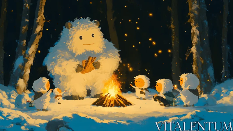 AI ART Winter Campfire with Yeti and Friends