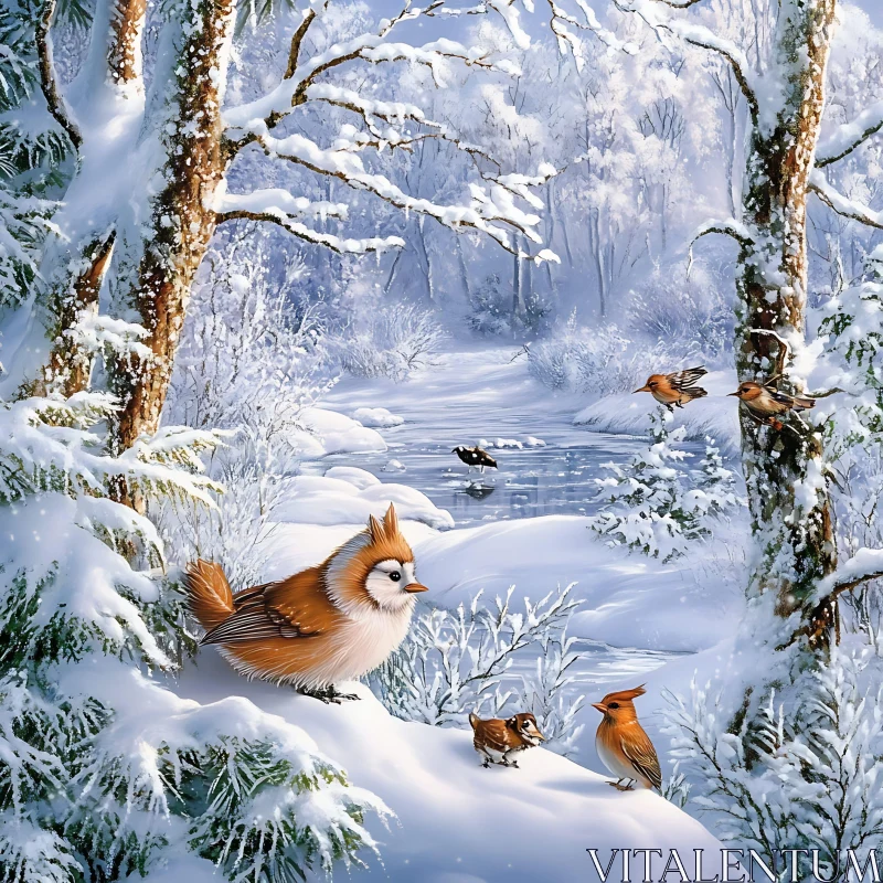 Snowy Forest Scene with Birds AI Image