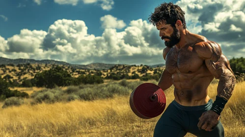 Muscular Man Lifting Weights in Nature