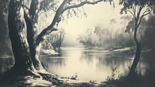 Peaceful Black and White River Landscape