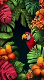 Exotic Jungle with Parrot and Flowers