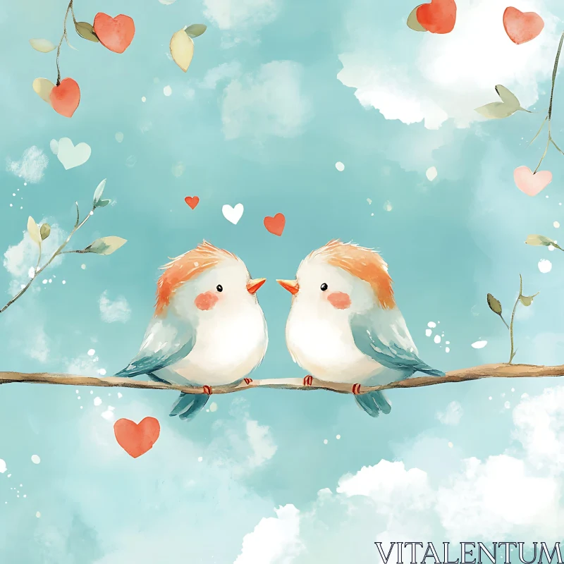 Charming Bird Couple with Hearts Artwork AI Image