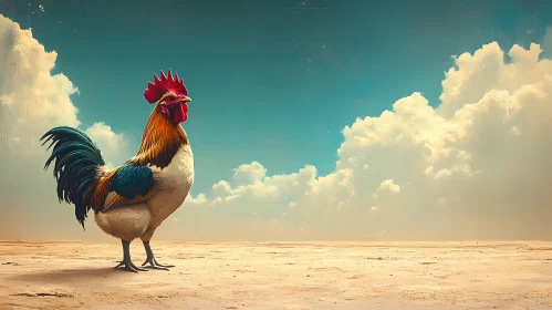 Rooster Under Blue Sky in Desert