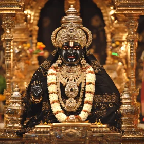 Golden Hindu God Statue with Floral Garland