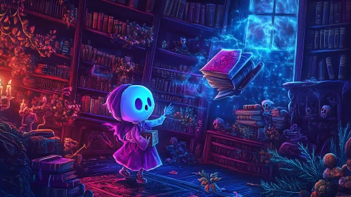 Glowing Library with Cartoon Character