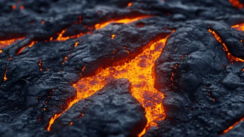 Intense Molten Lava Flowing Between Rocks