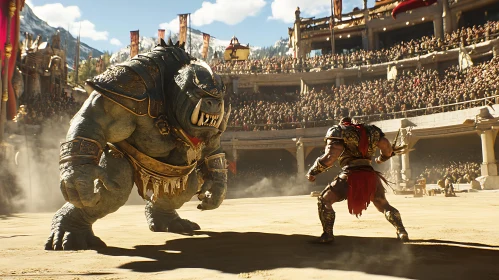 Gladiator Confronts Monster in Arena