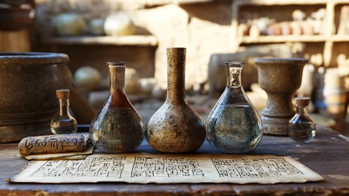 Vintage Bottles and Ancient Script Still Life