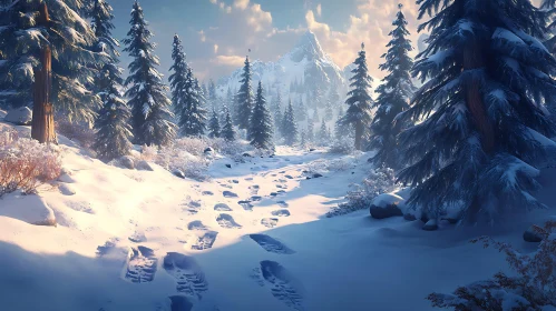 Snowy Mountain Path in Winter Forest