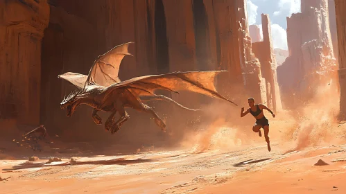 Woman Running from Dragon Art