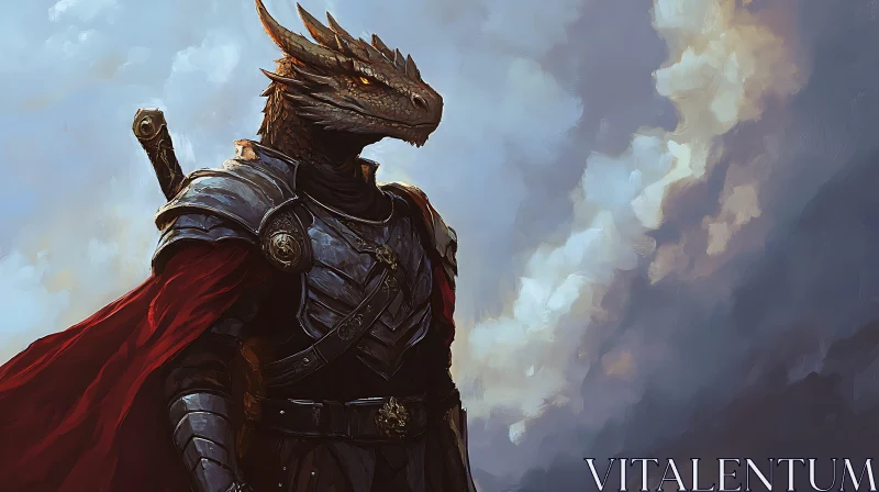 AI ART Armored Dragon Warrior Against Cloudy Sky