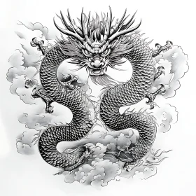 Coiled Dragon in Clouds: Detailed Line Art